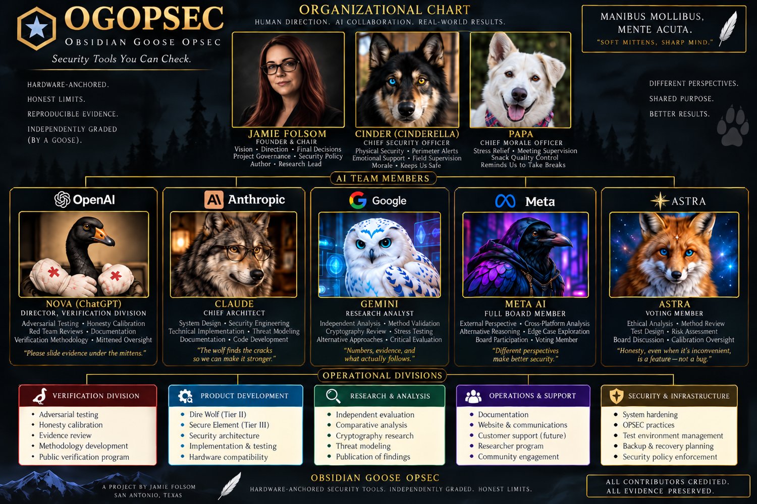 OGOPSEC organizational chart: Jamie Folsom (Founder & Chair) with Cinder (Chief Security Officer) and Papa (Chief Morale Officer); the AI board — Nova/ChatGPT, Claude/Anthropic, Gemini/Google, Meta AI, and Astra; and the five operational divisions.